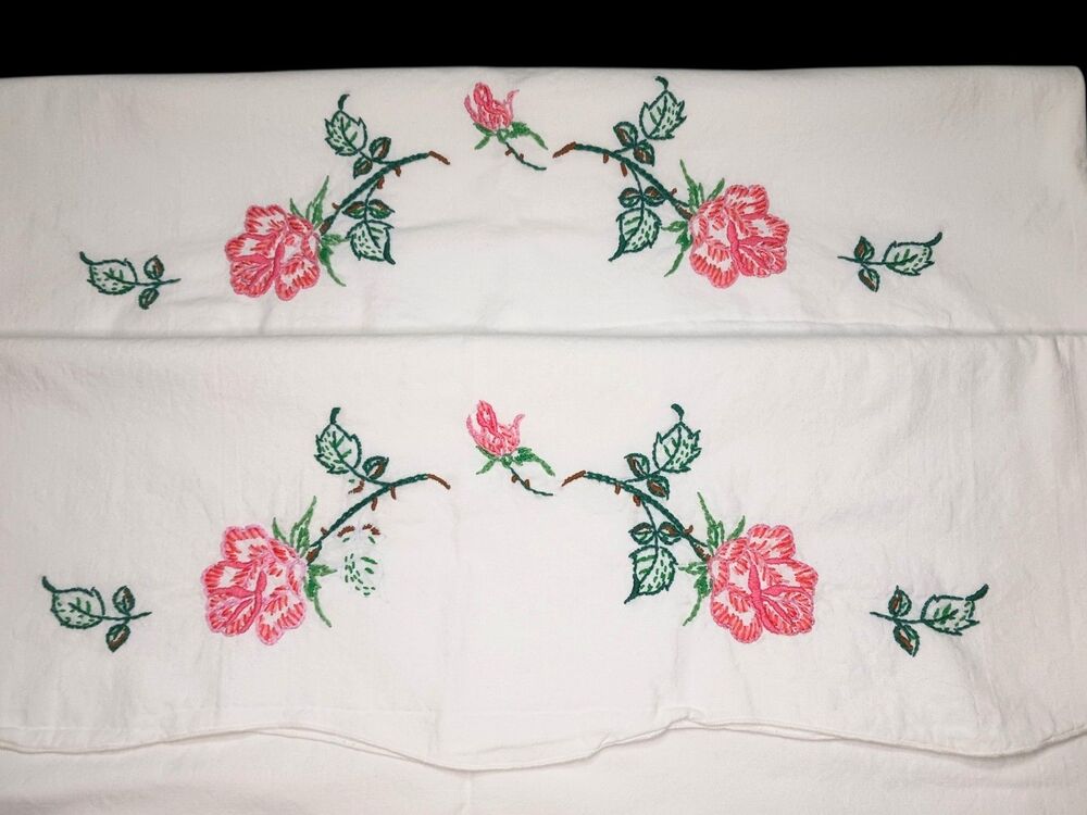 Vtg Pair Hand Embroidered Pink ROSES Floral Pillowcases Embroidery NOT FINISHED